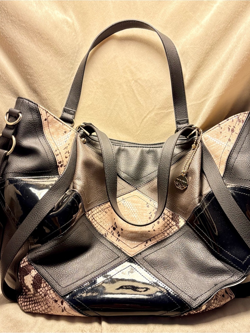 Big Buddha Black and Taupe Patchwork Tote with Snake-Print Panels